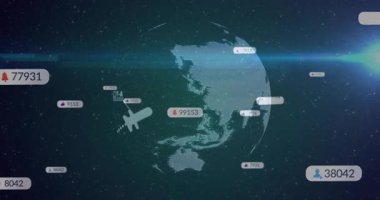 3 boyutlu küre soluyor, dönüyor, etiketler somutlaşıyor, düzlem kavisi, halka titreşimli görselleştirme veri akışı. Coğrafya, analitik, görselleştirme, teknoloji, haritalama, veri, yenilik