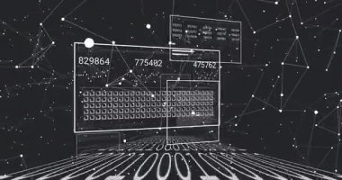 Küre yuvarlanırken veri panelini güncelleyen ve ağ veri akışını görselleştiren dizi. Teknoloji, siber güvenlik, veri görselleştirme, dijital ağ, fütüristik, analitik, soyut