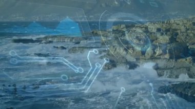 Okyanus üst üste bindirme 3D titreşim grafikleri başlatıyor ve dönüş göstergesi dalga etkilerini takip ediyor. Denizci, teknoloji, fütürizm, veri görselleştirme, arayüz, kıyı, engebeli