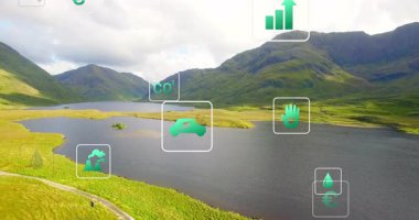 Dağ gölünün üzerinde süzülen İHA yeşil ölçümler için titreşen ve kümelenen ekolojik ikonlar gösteriyor. Doğa, sürdürülebilirlik, yenilenebilirlik, ekosistem, koruma, yenilik, teknoloji