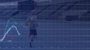 Mavi pistte bıçakla koşan sporcu, ızgara kaplaması zayıflıyor ve performans çizgisi grafiklerini canlandırıyor. Atletizm, performans, dayanıklılık, biyomekanik, veri görselleştirme, spor teknolojisi, eğitim