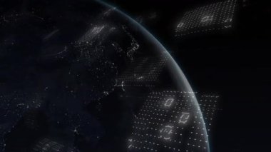 Gündoğumuna kadar veri akışını gösteren gece yönünde dönen ikili paneller yükleniyor. Gezegen, teknoloji, dijital, fütüristik, küresel, yenilik, siber