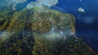 Havadan çekilen görüntü, dijital kürenin orman yarımadasını oluşturduğunu gösteriyor. Titreşimli bölgeleri tarıyor. Coğrafi, teknoloji, yenilik, bağlantı, fütüristik, görselleştirme, veri