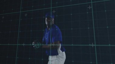 Atıcının ağırlığı değişiyor spor analizi için serbest bırakılan topu hareketli şebeke çapraz gölgesi ile fırlatıyor. Atletik, performans, biyomekanik, hareket, eğitim, spor kıyafeti, dijital