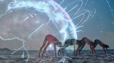 Sahilde beliren şebeke kaplaması, kadınları spor yapmak için senkronize bir şekilde aşağıya doğru ittiriyor. Dijital, fitness, minimalist, sağlık, açık hava, ahenk, bağlantı