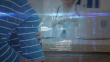 Hamile bir hasta kliniğe karnını tutarak giriyor, doktor ağ dünyasını genişletmeye çalışıyor. Teletıp, tanı, fütüristik, sağlık, holografi, bağlantı, yenilik