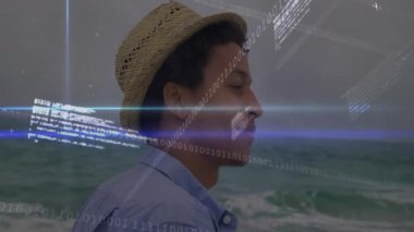 Sahilde duran hasır şapkalı adam teknoloji tanıtımı için ortaya çıkıyor ve yayılıyor. Düşünce, sükunet, fütürizm, dijital manzara, dinginlik, yenilik, doğadan esinlenilmiş