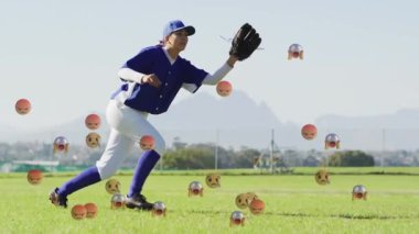 Beyzbol oyuncusu emoji kürelerine tepki veriyor başımızın üstünde belirdi ve onları yakalamak için ileri dalıyor. Sporcu, spor, dinamik, kararlılık, takım çalışması, açık hava, canlılık