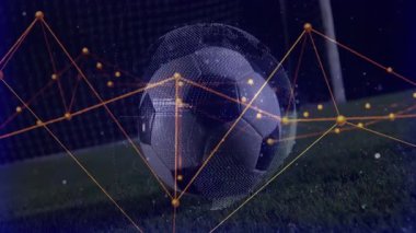 Futbol topunun üzerinde veri örtüşmesi ile cisimleşen düğümler, oyuncu tekmeye hazırlanırken kablo çerçevesini döndürüyor. Teknoloji, spor, dijital, yenilik, hareket, sanal, geleceksel