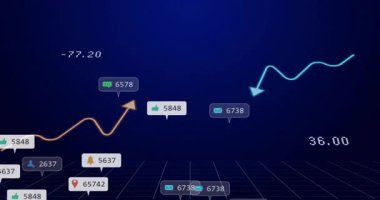 Üç boyutlu ızgaranın kenarlarından süzülen iki eğilim çizgisi, verileri gösteren esneme ve yumurtlama rozetleri. Dijital, analitik, görselleştirme, fütüristik, veri, etkileşimli, modern