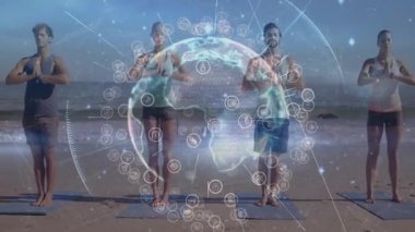 Yoga grubu kıyı şeridinde durdu ve veri küresi küçüldü ve ağaç duruşuna dönüştü. Denge, farkındalık, ortam, dinginlik, bağlantı, zindelik, uyum