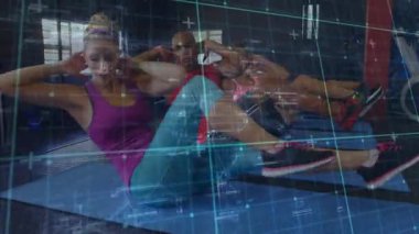 Dijital ızgara izleyici çekirdek kuvvetiyle dizlerinden çatırdayan çalışma grubu. Fitness, training, biomechanics, innovation, collaboration, wellness, performance