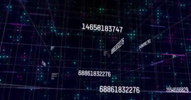 3D ızgarada uçan veri matrisi şifrelenmiş akışı gösteren neon hattı dilimleyen sayısal kodları gösteriyor. Siber uzay, fütüristik, dijital, soyut, teknoloji, görselleştirme, neon