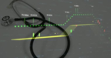 Masadaki steteskop yeşil çizginin zayıflaması, pazar eğilimlerini gösteren şamdanların yükselmesini tetikliyor. Tıbbi, teknoloji, finans, analitik, veri, sağlık teknolojisi, yatırım