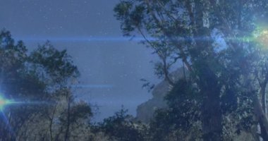 Kameralar, gökyüzünde astronomi dersi için mavi işaret fişekleriyle yürüyüşçülerin duruş ayarladığını gösteriyor. Gece manzarası, vahşi doğa, macera, keşif, sükunet, doğa, açık hava