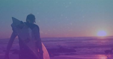 Sörf tahtası taşıyan bir adamın sahil şeridine girdiğini gösteren bir seyahat. Duraklayan güneş köpekleri hayranlıkla koşuyor. Deniz kenarı, alacakaranlık, macera, sükunet, yansıtıcı, boş zaman, siluet