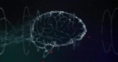 Kırmızı halkalar salınan dalgalanan halkaların üzerinde beliren önde gelen telli beyin. Fütüristik, teknoloji, nöral, dijital, soyut, yenilik, veri