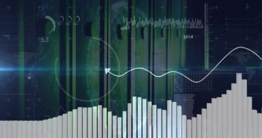 Başlangıçta HUD canlandırma çubukları yükseliyor, sinüs dalgası çizimi, gerçek zamanlı trendler için dönen göstergeler. Fütürist, dijital, analitik, teknoloji, arayüz, sanal, veri