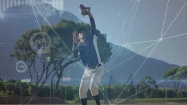 Dış saha oyuncusu uçan topu takip ederek sıçrıyor ve saha oyuncusuna fırlatıyor. Teknoloji animasyonu gibi. Atletik, aksiyon, dinamik, spor, açık hava, çeviklik, rekabetçilik