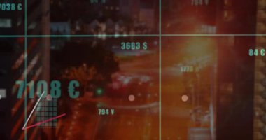 Teal grid yüzen para birimi etiketlerini başlatıyor ve yükselen çubuklar eğilim çizgilerini ayarlıyor eğilimleri görselleştiriyor. Finansal veriler, dijital analitikler, yatırım içgörüleri, ekonomik görselleştirme, iş zekası, soyut şema, modern bilgi grafikleri