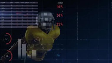 Futbolcu şebeke içine girer ve topu yakalayıp dışarı çıkmadan önce oyuncu metriklerini görselleştirir. Spor, analitik, görselleştirme, dijital, gelecekçi, performans, teknoloji