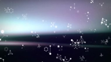 Yumuşak mavi-yeşil şerit ortaya çıkıyor, beyaz moleküler kümeler sürükleniyor ve nabız atıyor, ağı canlandırıyor. Dijital, fütüristik, soyut, yenilik, teknoloji, bağlantı, ağ