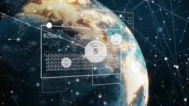 Döndürme başlatılıyor 3 boyutlu dünya veri panellerini gösteriyor verileri güncelliyor ve ağı görselleştiriyor. Teknoloji, siber güvenlik, veri analizi, fütüristik, dijital arayüz, yenilik, bağlantı