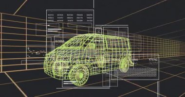 Başlangıçta kablo karavanı panelleri alıyor, kodları güncelliyor ve hedef grafik görüntüleme taraması yapıyor. Teknoloji, yenilik, veri görselleştirme, dijital arayüz, 3D modelleme, fütüristik, analitik