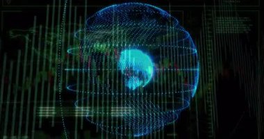 Arkaplan soluklaşması, piyasadaki eğilimleri gösteren çizelgeler ve titreşen halkalarla dönen dünyayı tetikliyor. Teknoloji, veri görselleştirme, dijital arayüz, analitik, finansal, geleceksel, neon