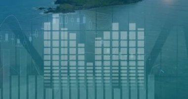 Hava görüşü eşitleyici çubukların dalga açıklayan adada kayması, pazar eğilimlerini vurguluyor. Soyut, veri görselleştirme, dijital sanat, finans, hareket, okyanus bilimi, teknoloji