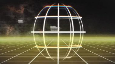 Hatalı çizgilerin arasında gezinen kablo çerçevesi verileri yüklüyor, kodları kaydırıyor ve bilim kurgu arayüzü oluşturuyor. Teknoloji, dijital, fütüristik, soyut, arayüz, neon, siber uzay