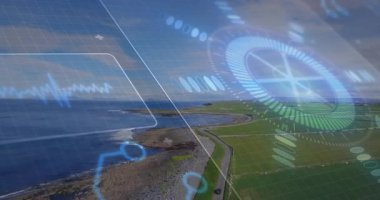 Sahil manzarası açık UI paneli kayma dalgalanması ve HUD yol görüntüleme verileri tutarken. Peyzaj, teknoloji, arayüz, veri, ağ, dijital, geleceksel