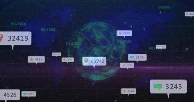 Veri etiketi, kabarcık etiketleriyle dönen 3 boyutlu dünyada beliriyor takip eden veri akışı, pembe süpürme. Sanal gerçeklik, veri görselleştirme, bilgi grafikleri, bağlantı, dijital ağ, gelecekteki arayüz, soyut teknoloji