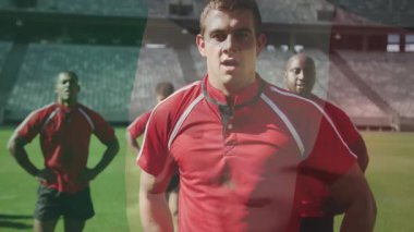 Spor yayını şeritli kaygan çim sahası için V şeklindeki atlet oyuncuları gösteriyor. Takım çalışması, rekabet, sportmenlik, atletizm, birlik, odaklanma, canlı