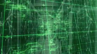 Kameralar dar raf koridorunda ilerlerken dijital ızgaranın daha derin rafları haritaladığını gösteriyor. Gelecekçi, teknoloji, siber güvenlik, dijital, ağ oluşturma, veri, yenilik