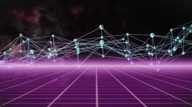 Mor ızrak ızgara düğümlerinde açılan cyan çizgili oluşum dalgaboyu sağa kayarak veri salınımını gösteriyor. Fütürist, dijital, soyut, teknoloji, ağ, görselleştirme, sibernetik