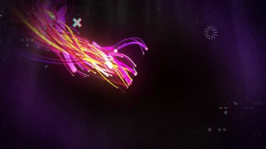 İnce neon çizgisi sol üst süpürme merkezinden çıkıyor, kurdeleyi döndürerek enerji akışını gösteriyor. Fütürist, dijital, enerjik, soyut, hareket, teknoloji, ışıltı