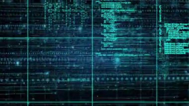 Kod parçaları parlayan düğümler artı işaretleyiciler ve kaydırma kodlarıyla dolup taşan kıvılcım ızgaralarında kayboluyor. Fütürist, teknoloji, dijital, soyutlama, siber alan, veri görselleştirme, siber ağ