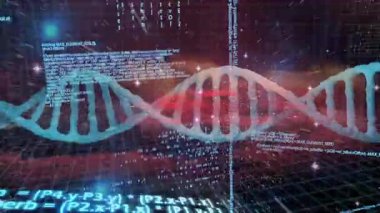 Kırmızı parlama üzerine, sarmal ızgara üzerinde dönüyor, kod akışları veri görselleştirmesi için çağlıyor. Gelecek, teknoloji, dijital, soyut, sanal, yenilik, bilim