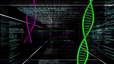 Başlangıç kamerasında mavi yeşil sarmal titreşimli kod tünelinde hareket ediyor, veri akışını görselleştiriyor. Dijital, geleceksel, hareket, görselleştirme, soyutlama, teknoloji, neon