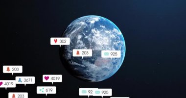 Sosyal medya simgeleri nişan halesine dönüşürken Dünya 'nın dönüşümlü olduğunu bildiren ilk uyarı. Gezegen, teknoloji, dijital, fütüristik, ağ, bağlantı, yenilik