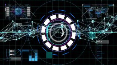 Yüklemede, veri HUD döndürme çemberi ve dünya haritasını görüntülemek için ağ hatlarını birbirine bağlayan titreşim. Fütürist, dijital, teknoloji, arayüz, görselleştirme, ağ, sürükleyici