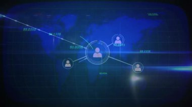 Radar merkezi kullanıcı simgesini dönüştürüyor, simgeleri birbirine bağlıyor, ağı mavi harita arkaplanı üzerinde genişletiyor. Siber uzay, bağlantı, veri görselleştirme, dijital ağ, teknoloji, modern, soyut