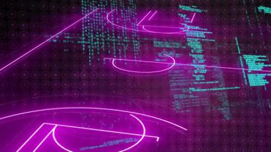 Ana hatlar ortaya çıktıktan sonra Magenta mahkeme ışıkları ve yayın kodları görünür hale geliyor. Fütürist, dijital, teknolojik, soyut, sanal, canlı, oyun