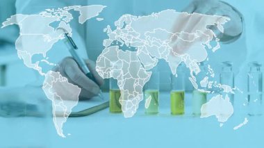 Kalem ucu notlar üzerinde hareket ediyor ve doktor tüpleri incelerken dünya haritası örtüşmesi ve uğursuzluk desenleri başlatılıyor. Bilim adamı, araştırma, yenilik, biyoteknoloji, veri görselleştirme, analitik, klinik