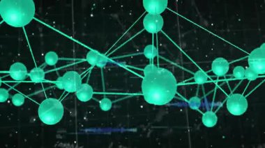 Yeşil kürelerin başlangıç ağında, yörüngedeki kamera, titreşen dalga formu, şekil değiştiren ve veriyi görselleştiren. Dijital, fütüristik, teknoloji, ağ, soyut, aydınlatma, yenilik