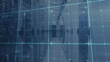 İlk çerçeve cyan ızgarası sunucu koridorunu kaplıyor dijital haritalama için perspektif değiştiriyor. Teknoloji, veri, altyapı, siber güvenlik, dijital, ağ, modern