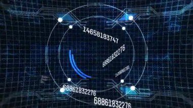 Başlangıçta 3D dairesel arayüz veri gösteren düğümler atarken akımları döndürüyor ve güncelliyor. Gelecek, teknoloji, siber uzay, animasyon, dijital, sanal, araştırma