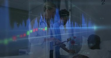 Doktor tıkırdatma tableti ve hemşire, tıbbi bakım sırasında nabız atarken serum tüpünü kontrol ediyor. Tıbbi, sağlık, klinik, analiz, izleme, tanı, profesyonellik