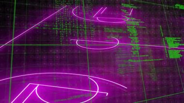 Şebeke kodları neon çizgileriyle başlıyor mahkeme ana hatlarını belirliyor ve mahkemeyi görselleştiriyor. Siber, gelecekçi, dijital, neon, teknoloji, soyut, geometrik